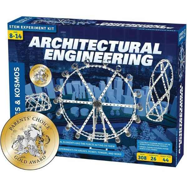 Blue STEM kit box showing white Ferris wheel and tower models with a gold award seal against a city backdrop.