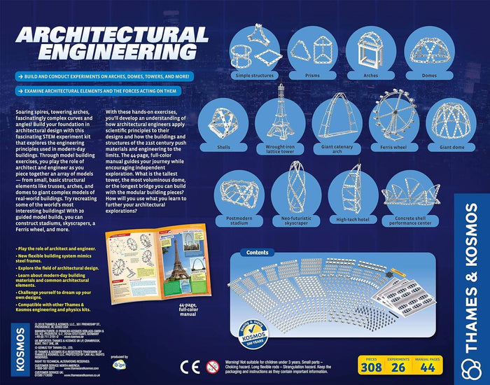 Blue kit packaging featuring white model structures like a tower and Ferris wheel with 308 building components.