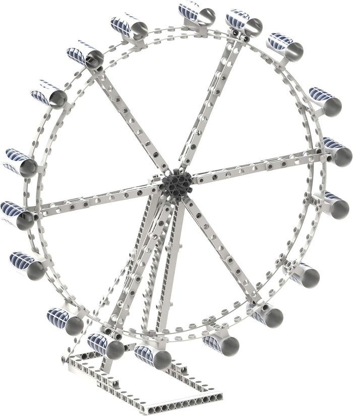 White plastic building toy model of a Ferris wheel with blue and white capsules on a rectangular base.