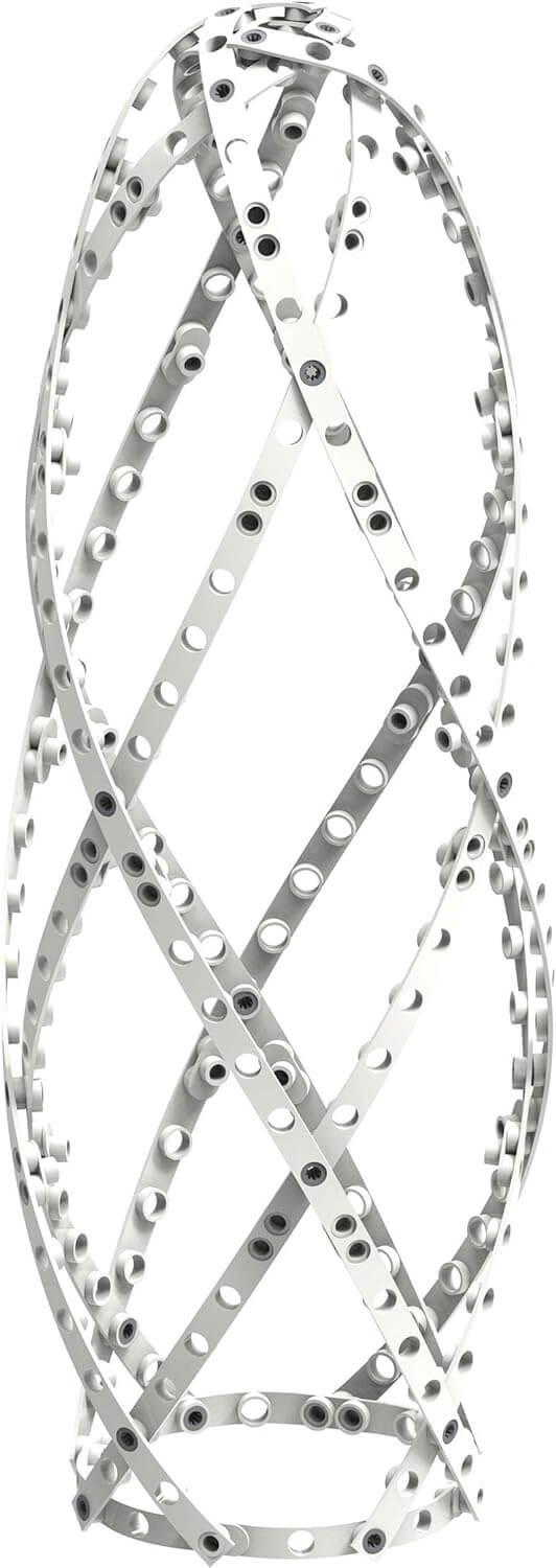 White helical lattice tower model built from curved plastic strips with circular holes and dark connecting pins.