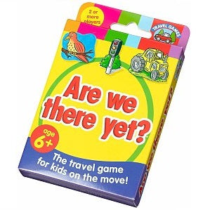 Bright yellow card game box featuring red bubbly text and illustrations of a bird, traffic light, and a yellow tractor.