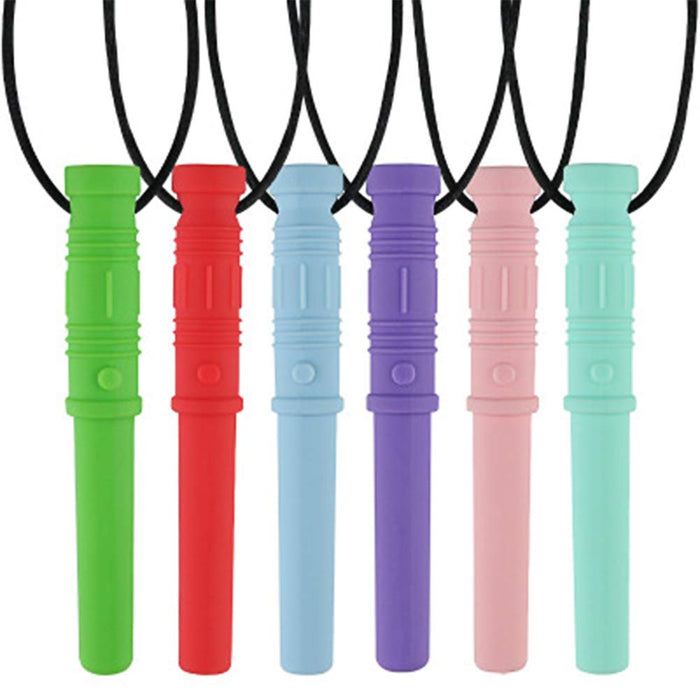 Six lightsaber-shaped silicone chew pendants in green, red, blue, purple, pink, and mint green on black cords.