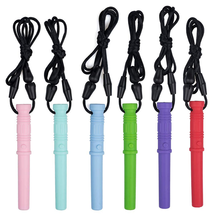 Six lightsaber-shaped sensory chews in pink, teal, blue, green, purple, and red with black breakaway lanyards.