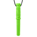 Bright green, saber-shaped silicone chew toy with a textured hilt and smooth tip, hanging from a black cord.