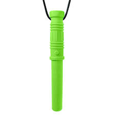 Bright green, saber-shaped silicone chew toy with a textured hilt and smooth tip, hanging from a black cord.