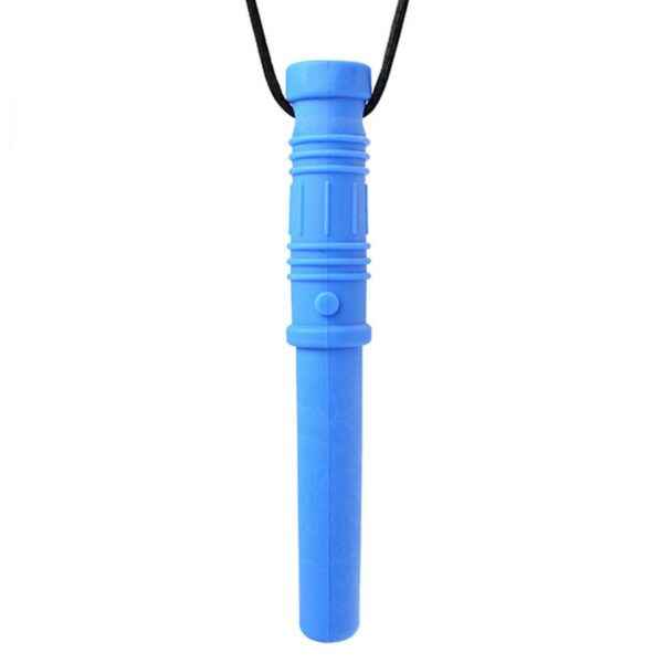 Blue silicone lightsaber-shaped chew pendant with a textured hilt and smooth tip, hanging from a thin black neck cord.