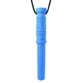 Blue silicone lightsaber-shaped chew pendant with a textured hilt and smooth tip, hanging from a thin black neck cord.