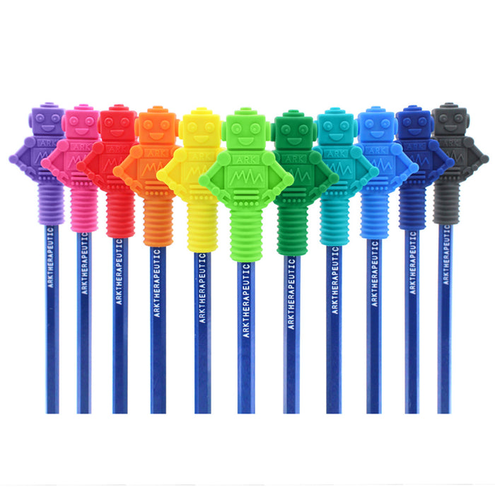 Eleven colorful robot-shaped pencil toppers in a rainbow spectrum from purple to gray, each mounted on a blue pencil.