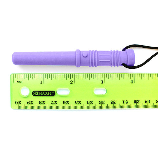 Purple lightsaber-shaped silicone chew toy with a black cord next to a ruler showing its 4-inch length.