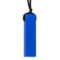 Long blue rectangular chew pendant with two columns of raised circular studs, hanging from a black cord.