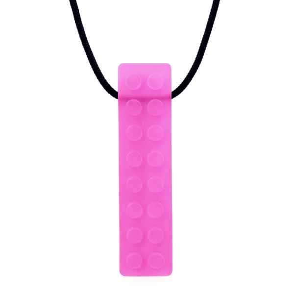 Pink rectangular silicone pendant with two rows of raised studs, hanging from a thin black cord.