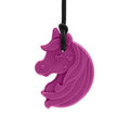 Purple silicone unicorn sensory pendant with mane, heart, and star details on a black cord.