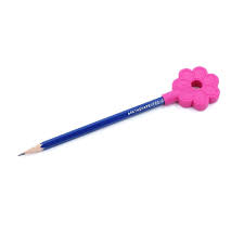 Bright pink flower-shaped topper with a center hole, attached to the end of a sharpened blue pencil.