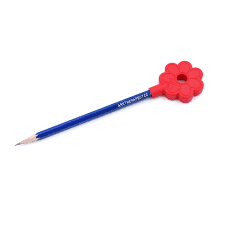 Sharpened blue pencil with a red flower-shaped topper featuring eight rounded petals and a hole in the center.