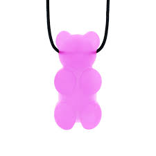 Bright pink silicone gummy bear pendant hanging from a black cord.