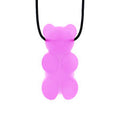Bright pink silicone gummy bear pendant hanging from a black cord.