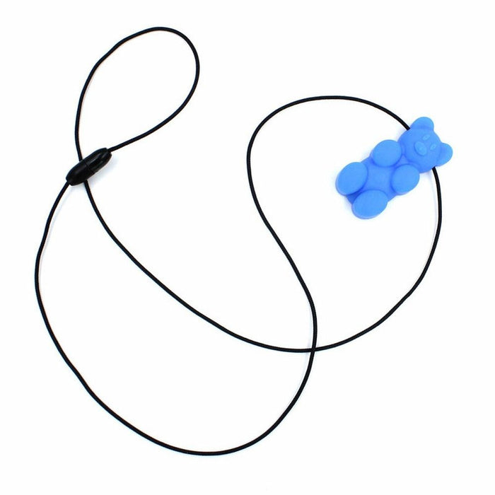Blue gummy bear shaped pendant on a thin black cord with a safety breakaway clasp.