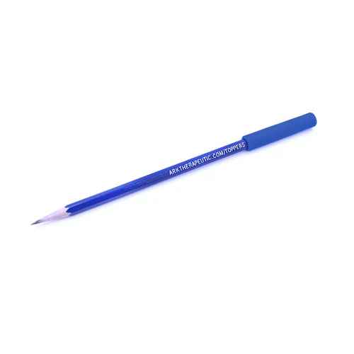 Blue sharpened pencil with a matching smooth, cylindrical blue silicone chew topper on the end.