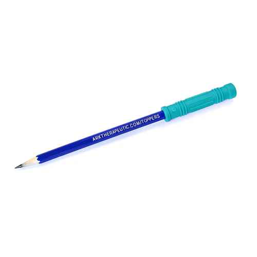 Textured teal cylindrical chewable topper on the end of a sharpened blue pencil.