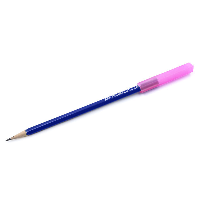 Blue pencil with a translucent pink, hexagonal-shaped chewable topper on the end.