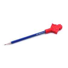 Blue pencil with a red robot-shaped chewable topper on the end.