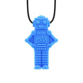 Bright blue robot-shaped silicone chew pendant with textured details, hanging from a simple black cord.