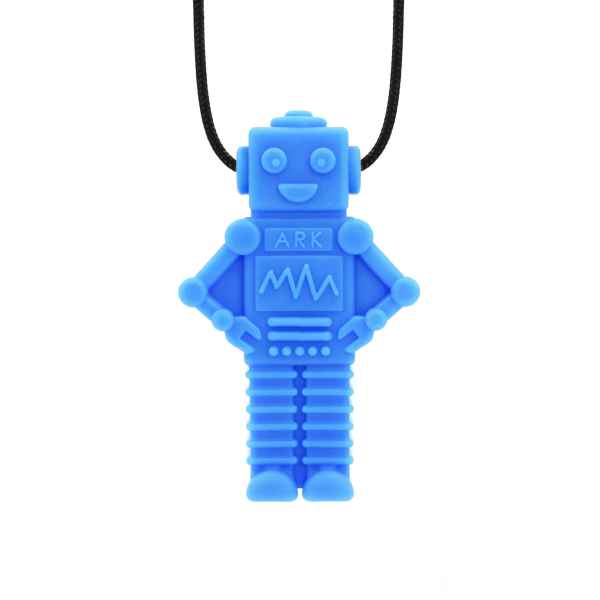 Bright blue robot-shaped silicone chew pendant with textured details, hanging from a simple black cord.