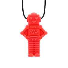Red textured silicone robot pendant with hands on hips and ridged legs, attached to a black necklace cord.