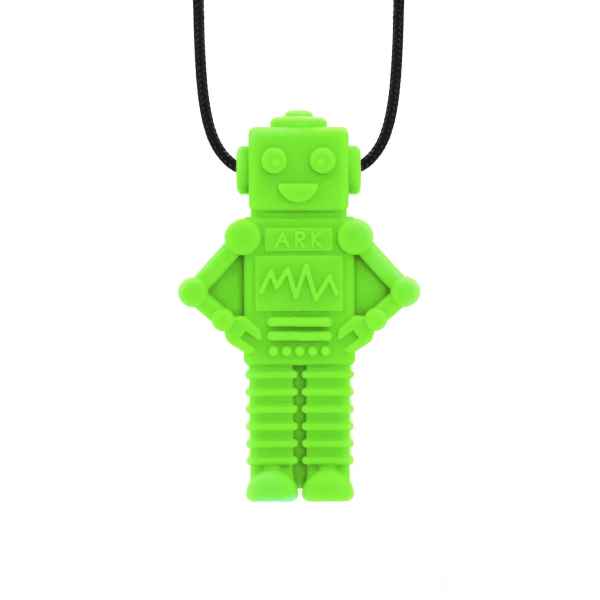 Lime green silicone robot pendant with textured ridges and a smiling face, hanging from a black cord necklace.
