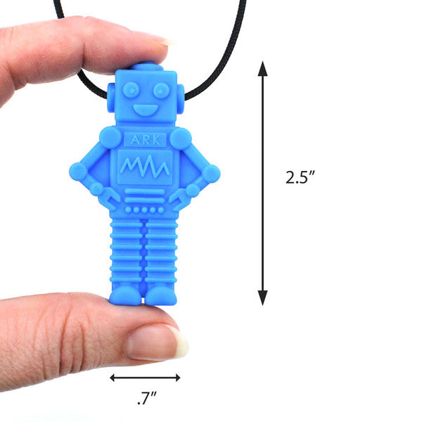 Blue robot sensory chew pendant on a black cord held between fingers, measuring 2.5 inches tall and 0.7 inches wide.