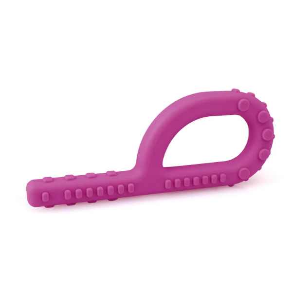 Solid purple P-shaped sensory chew with raised bumps along the long stem and circular loop handle.
