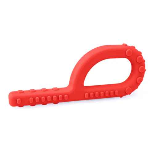 Red P-shaped sensory chew toy with a loop handle and long stem featuring textured bumps and ridges.