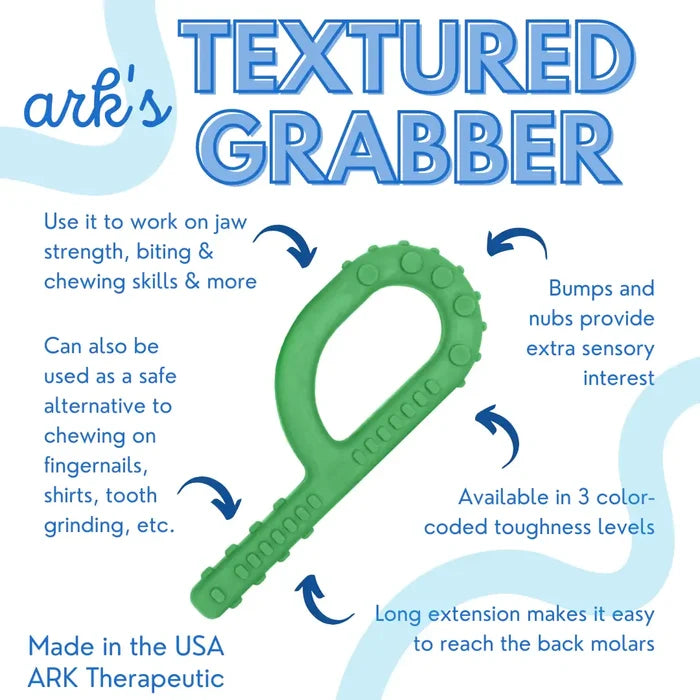 Green P-shaped textured oral motor tool with bumps and nubs, surrounded by descriptive text on its sensory benefits.