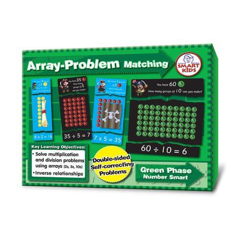 Green pirate-themed math game box featuring array cards with gems, multiplication, and division equations.