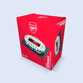 Red box with Arsenal crest and a white, teal, and green miniature brick stadium model on a black base. 1071 pieces.