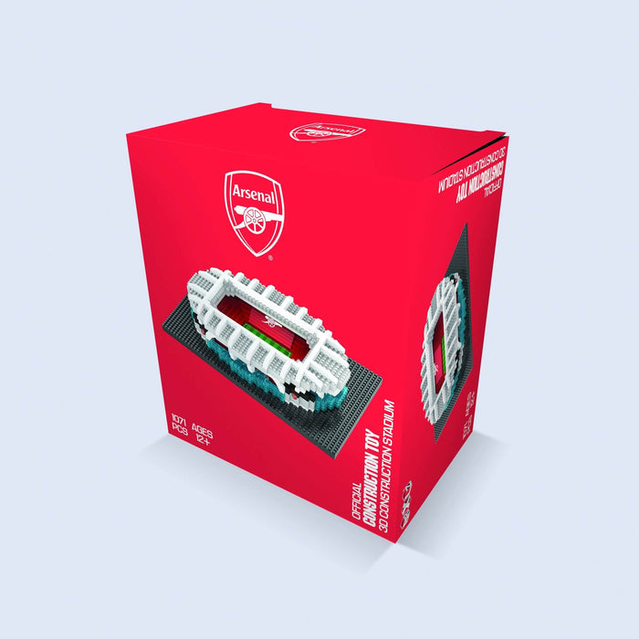 Red box with Arsenal crest and a white, teal, and green miniature brick stadium model on a black base. 1071 pieces.