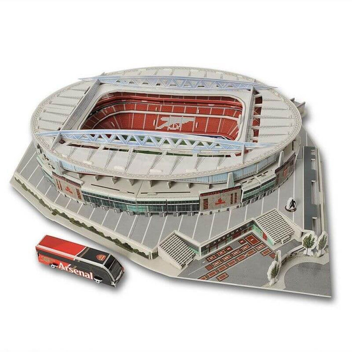 Detailed 3D puzzle of an oval stadium with red seating, a silver roof, and a small red team bus on a grey base.