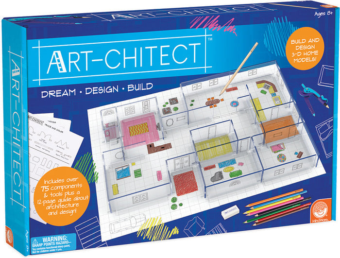 Art-chitect blue box featuring a clear 3D house model, colored pencils, and architectural drafting tools.