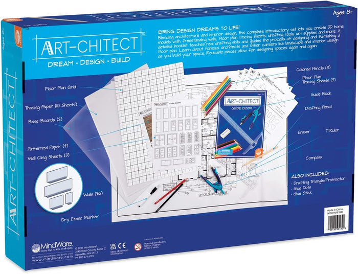 Blue architecture kit box back displaying floor plan grids, wall pieces, colored pencils, and drafting tools.