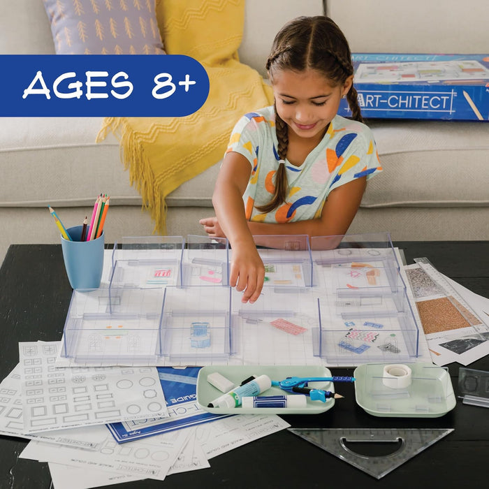 Girl building a 3D floor plan with clear walls, stencils, and art tools. Ages 8+ badge and packaging visible.