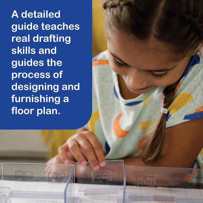 Child smiling while building a 3D floor plan using clear plastic walls with window icons on a grid sheet.