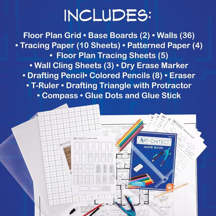 Architectural kit items: grid paper, blue guide book, colored pencils, and drafting tools on a blue background.