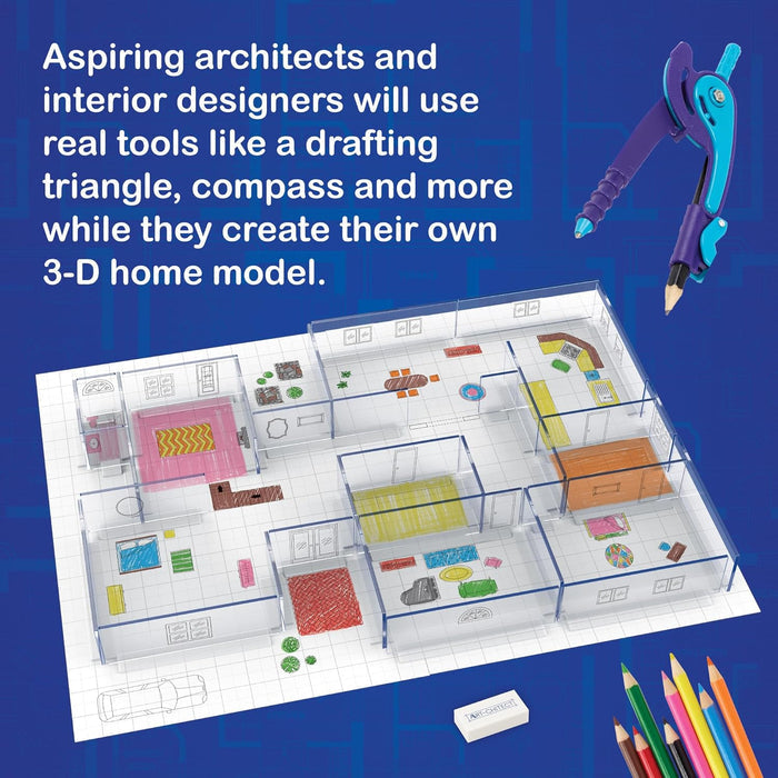 3D house floor plan with clear walls, hand-drawn furniture, a compass, and colored pencils on a blue grid.