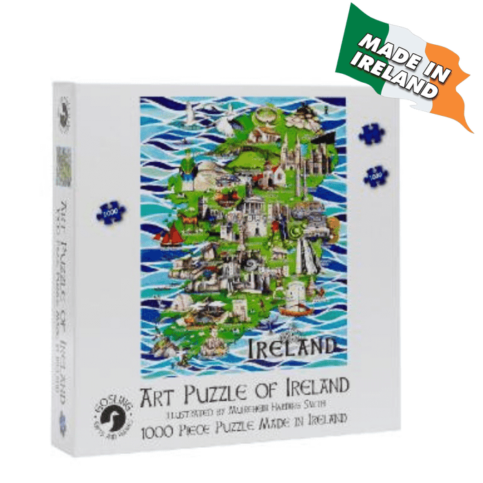 White box for a 1000-piece puzzle featuring an illustrated green map of Ireland with landmarks on a wavy blue sea.
