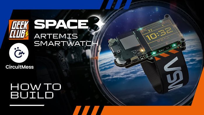 DIY Artemis Smartwatch with exposed electronics and NASA strap, pictured against Earth from a space station window.