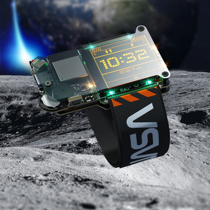 Digital watch with exposed circuitry and orange display on a black VSA strap, floating above a cratered moon.