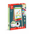 Green box showing a wooden double-sided easel with a paper roll, whiteboard, chalkboard, and 18 art accessories.