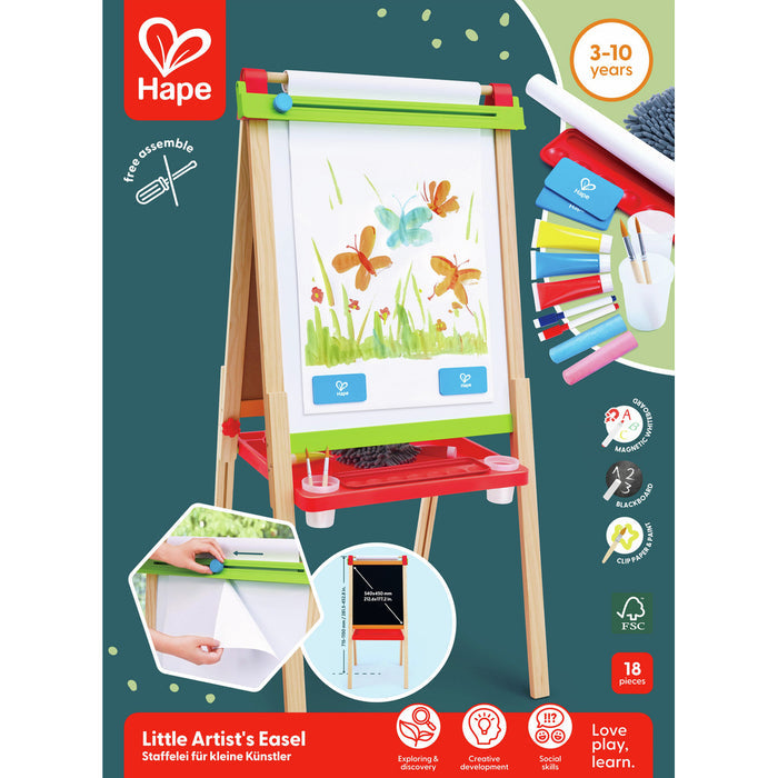 Hape wooden A-frame easel with a paper roll, whiteboard, blackboard, and 18 art accessories including paint and brushes.