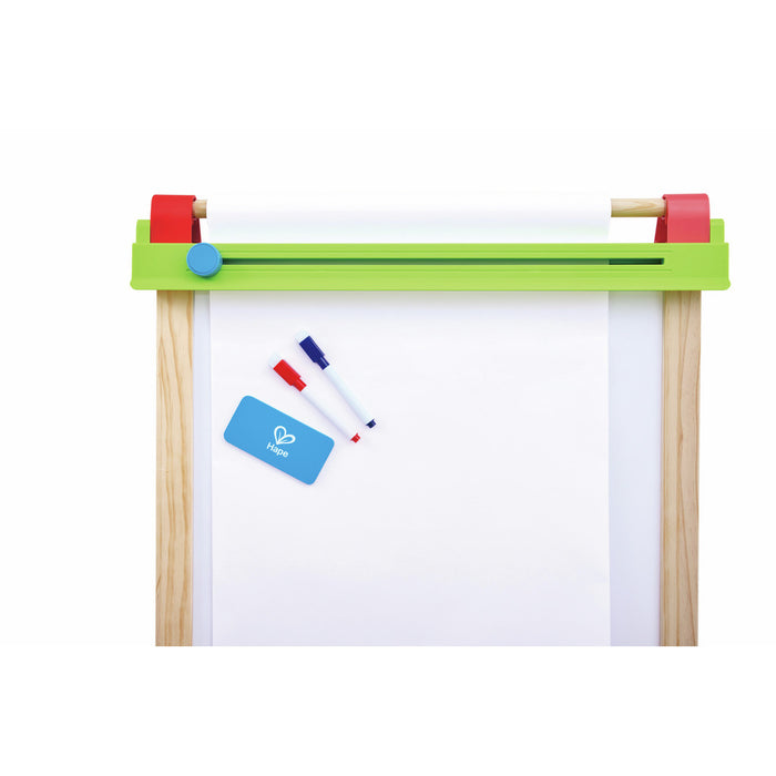 Wooden easel top with a white paper roll, green cutter bar, blue magnetic eraser, and red and blue markers.