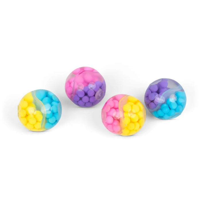 Four clear squishy balls filled with small, colorful beads in vibrant pink, purple, yellow, and blue.